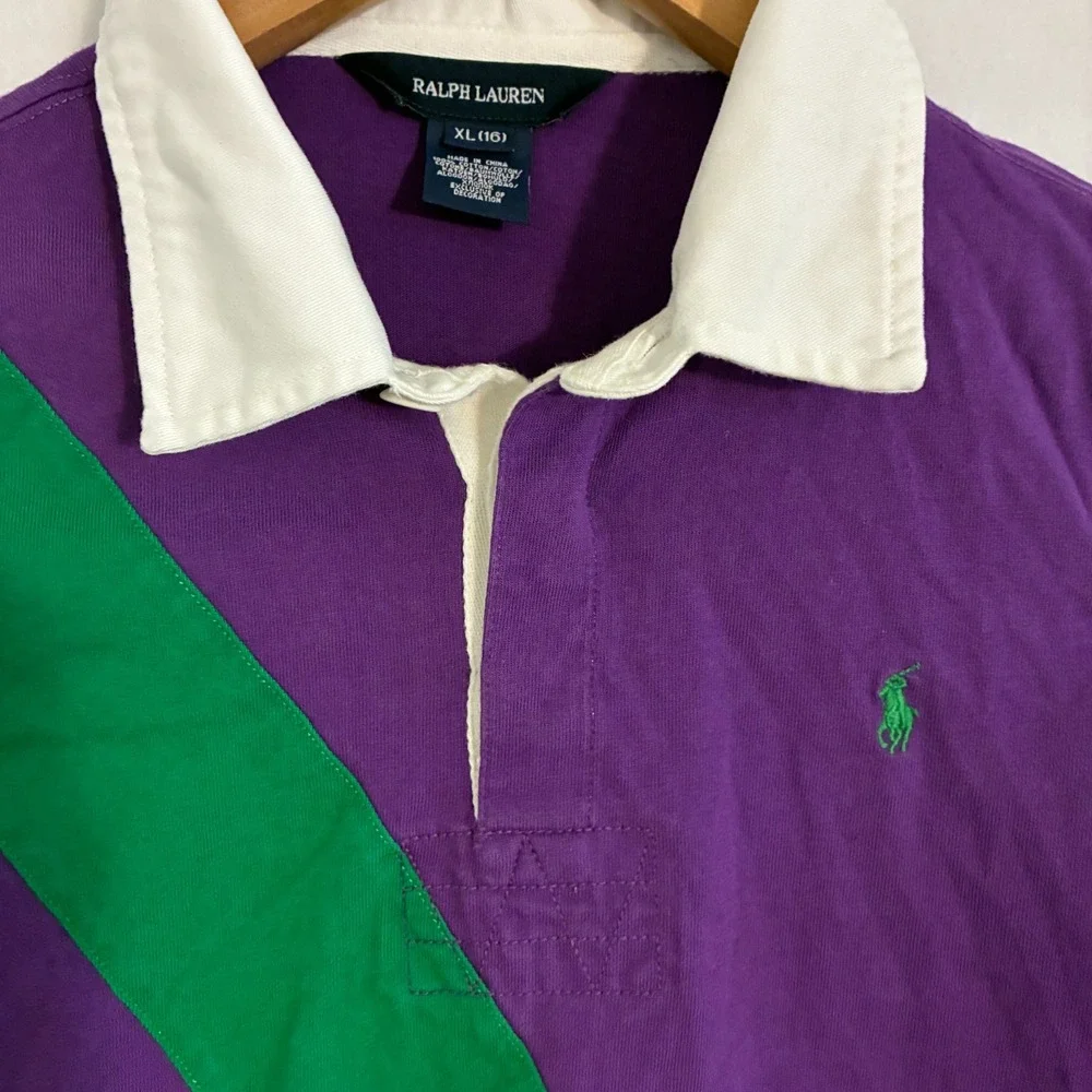 Vtg Ralph Lauren Rugby Polo Shirt Youth XL Striped Sash Pony Logo Preppy Golf